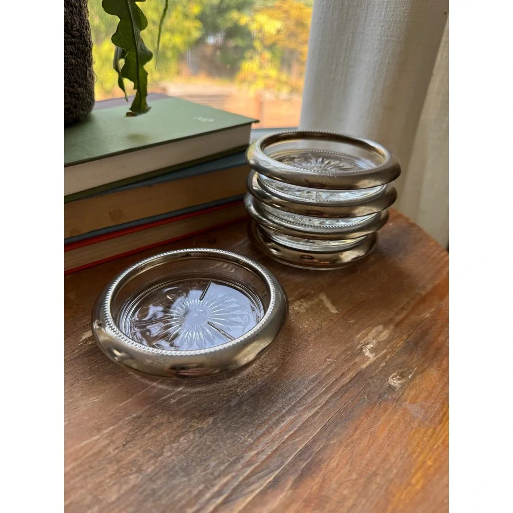Vintage Italy Glass Coasters Silver Plate Rim Lot of 5 Starburst Sunburst MCM